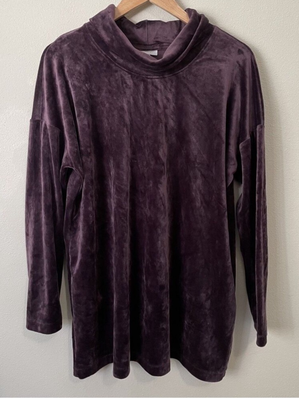 purejill Velvet Tunic Top Cowl Neck Long Sleeve Purple Velour Shirt Large